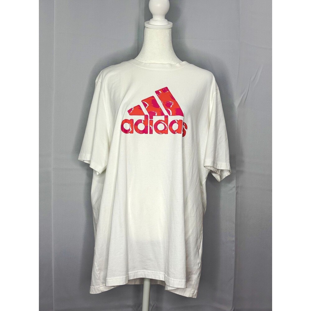 Adidas Women’s 2X White Graphic Logo T-Shirt Pink Orange Short Sleeve